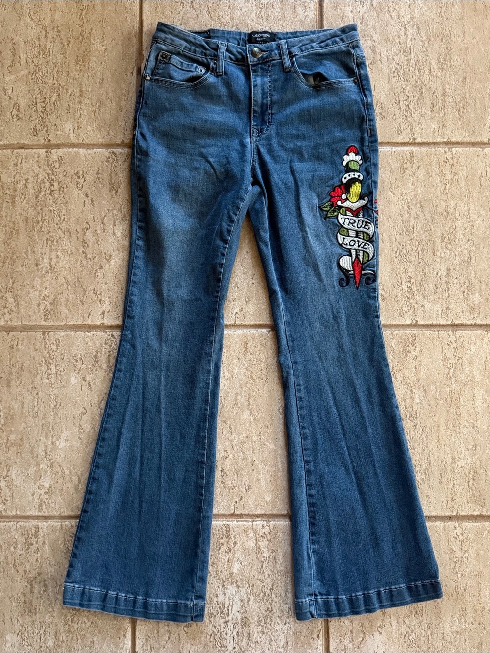 Ed Hardy Flared Jeans Womens 30 Blue Love Eternal True Love Dagger Retro Y2K